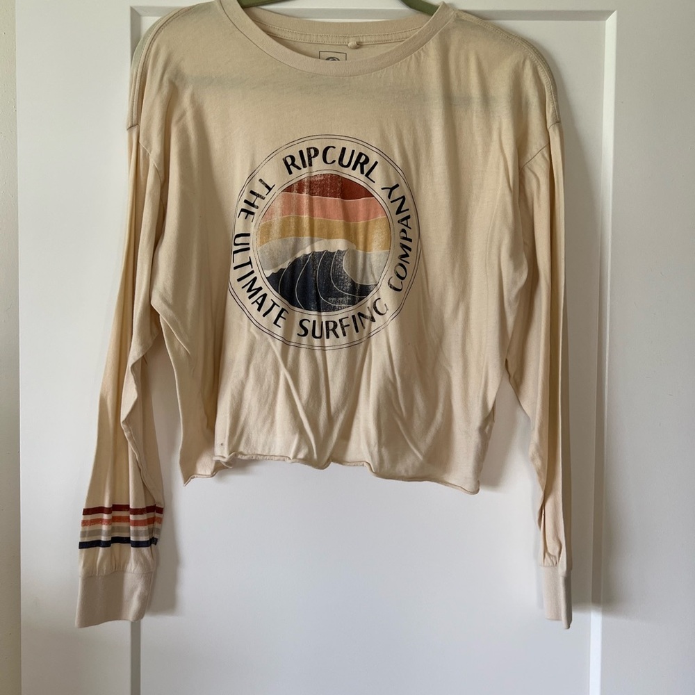 Rip Curl Beige Surf Tee with Striped Sleeves